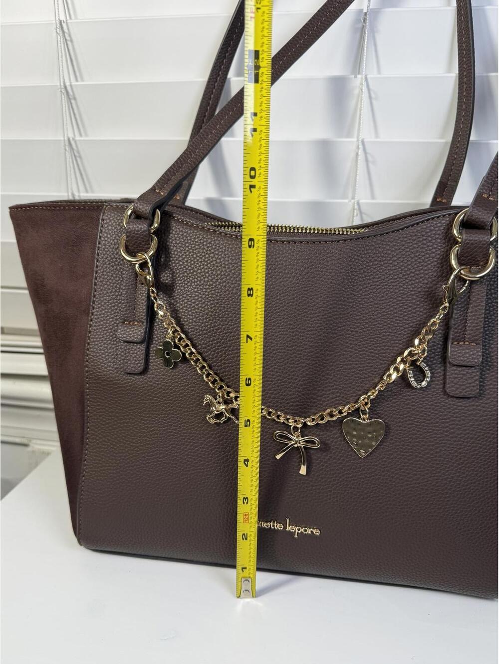 Nanette Lepore Chocolate Brown Pebbled Faux Leather & Suede Tote Bag Charm Chain - Picture 4 of 7